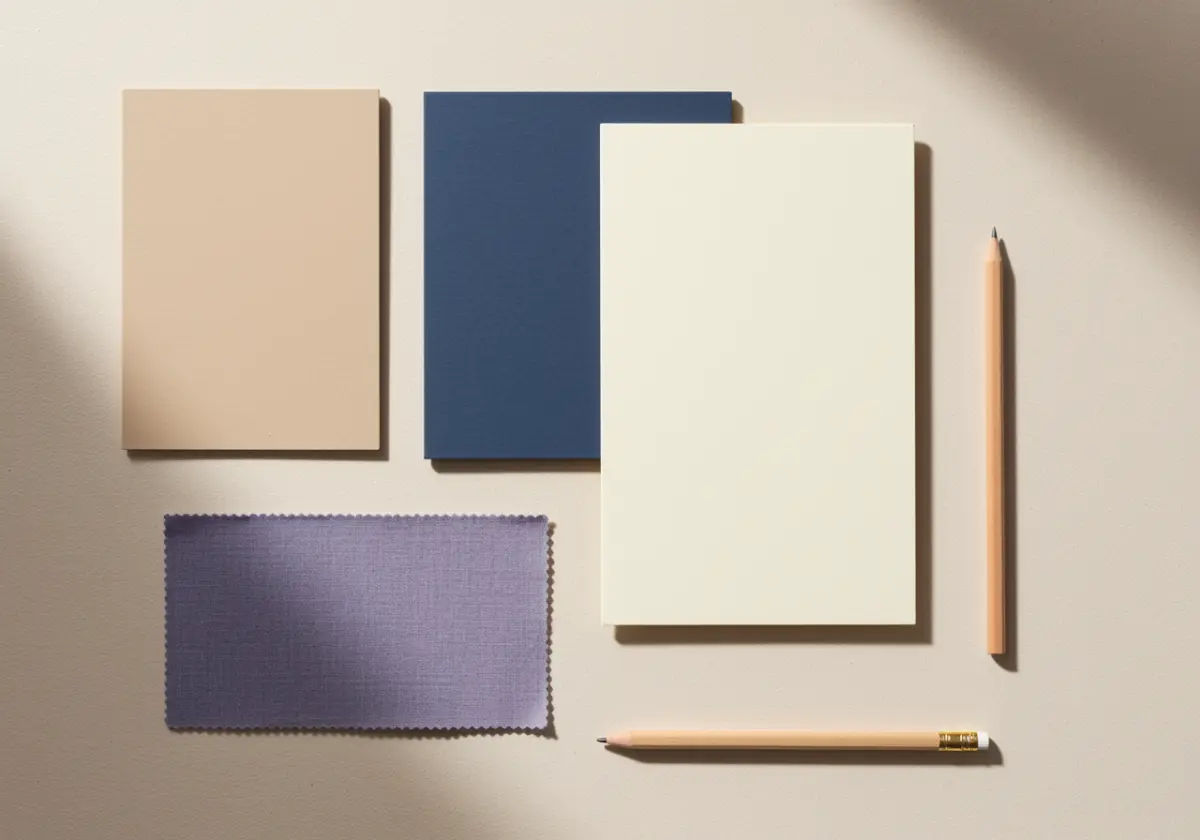 A brand and positioning moodboard with sand, navy, cream, and lavender paper swatches
