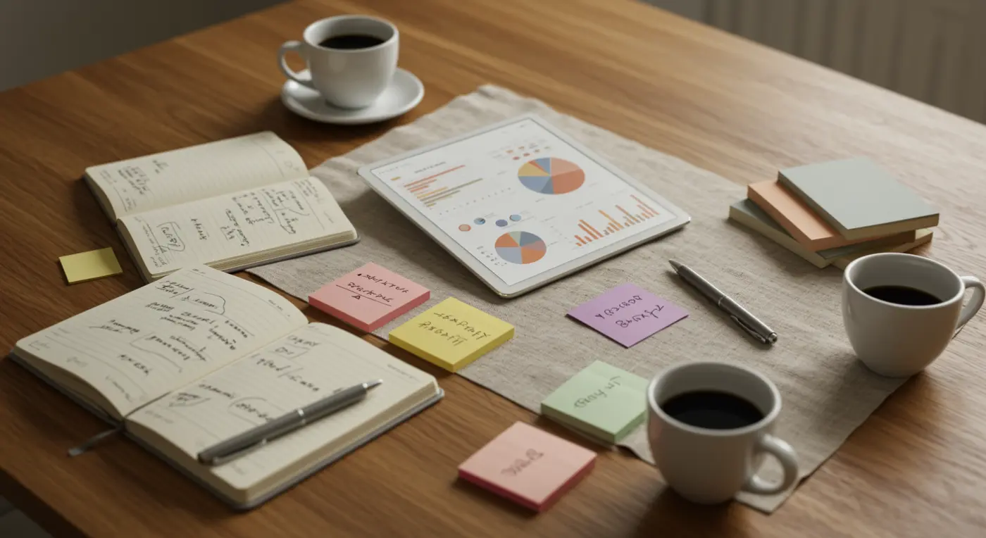 A marketing strategy working session: notebooks, coffee, a tablet with charts, and planning notes